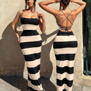 Sirith Women's Clothing Summer Casual Vacation Halter Neckline Outfits Striped Print Crisscross Tie Backless Cami Bodycon Dress Maxi Women Outfit