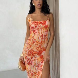 Glamine Spring & Summer Sexy Romantic Vacation Swing Collar Backless High Slit See-Through Chiffon Leopard Zebra Pattern Ink Print Suspenders Women Maxi Dresses Beach Outfits For Woman Resort Wear