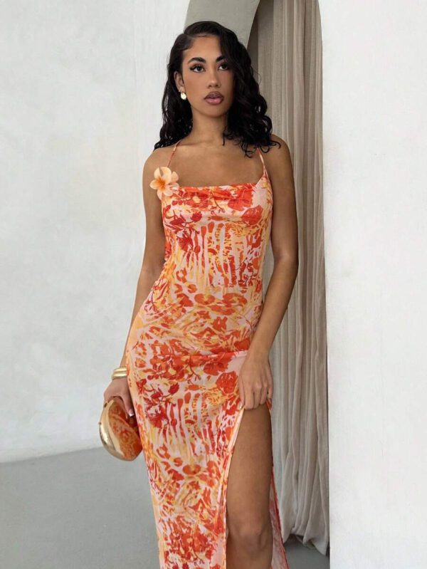 Glamine Spring & Summer Sexy Romantic Vacation Swing Collar Backless High Slit See-Through Chiffon Leopard Zebra Pattern Ink Print Suspenders Women Maxi Dresses Beach Outfits For Woman Resort Wear – Image 2