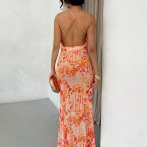 Glamine Spring & Summer Sexy Romantic Vacation Swing Collar Backless High Slit See-Through Chiffon Leopard Zebra Pattern Ink Print Suspenders Women Maxi Dresses Beach Outfits For Woman Resort Wear