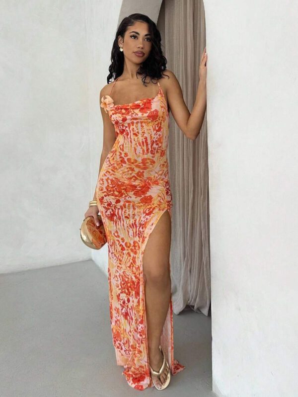 Glamine Spring & Summer Sexy Romantic Vacation Swing Collar Backless High Slit See-Through Chiffon Leopard Zebra Pattern Ink Print Suspenders Women Maxi Dresses Beach Outfits For Woman Resort Wear – Image 5