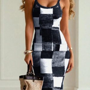 Chiquease Women's Fashionable Grid Patterned Slim Fit Bodycon Dress Maxi Women Outfit