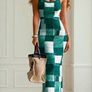Chiquease Women's Fashionable Grid Patterned Slim Fit Bodycon Dress Maxi Women Outfit