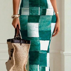 Chiquease Women's Fashionable Grid Patterned Slim Fit Bodycon Dress Maxi Women Outfit
