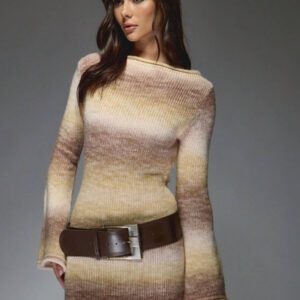 MISSGUIDED Robe longue en maille côtelée à manches évasées pour l'automne et l'hiver. Robe pull avec dos ouvert, design élégant pour les fêtes, les mariages et les invités