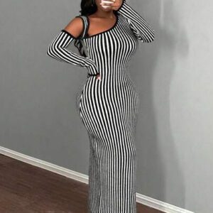 BamGleam Robe pull pour femme, tricotée, manches longues, épaules dénudées, rayures noires et blanches, décolleté en V profond, style long, sexy, ajustée. Idéale pour les sorties entre amis, casual et confortable. Vêtement basique pour l'automne et l'hiver.