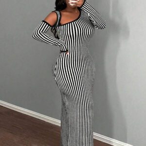BamGleam Robe pull pour femme, tricotée, manches longues, épaules dénudées, rayures noires et blanches, décolleté en V profond, style long, sexy, ajustée. Idéale pour les sorties entre amis, casual et confortable. Vêtement basique pour l'automne et l'hiver.