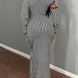 BamGleam Robe pull pour femme, tricotée, manches longues, épaules dénudées, rayures noires et blanches, décolleté en V profond, style long, sexy, ajustée. Idéale pour les sorties entre amis, casual et confortable. Vêtement basique pour l'automne et l'hiver.