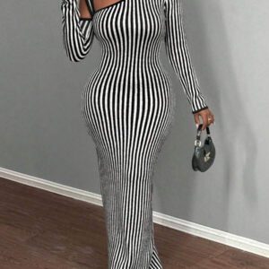 BamGleam Robe pull pour femme, tricotée, manches longues, épaules dénudées, rayures noires et blanches, décolleté en V profond, style long, sexy, ajustée. Idéale pour les sorties entre amis, casual et confortable. Vêtement basique pour l'automne et l'hiver.