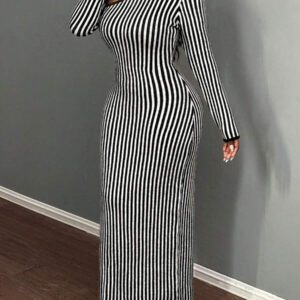 BamGleam Robe pull pour femme, tricotée, manches longues, épaules dénudées, rayures noires et blanches, décolleté en V profond, style long, sexy, ajustée. Idéale pour les sorties entre amis, casual et confortable. Vêtement basique pour l'automne et l'hiver.