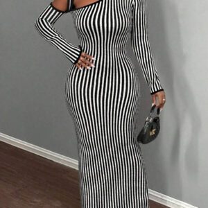 BamGleam Robe pull pour femme, tricotée, manches longues, épaules dénudées, rayures noires et blanches, décolleté en V profond, style long, sexy, ajustée. Idéale pour les sorties entre amis, casual et confortable. Vêtement basique pour l'automne et l'hiver.