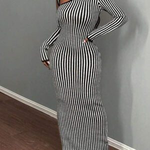 BamGleam Robe pull pour femme, tricotée, manches longues, épaules dénudées, rayures noires et blanches, décolleté en V profond, style long, sexy, ajustée. Idéale pour les sorties entre amis, casual et confortable. Vêtement basique pour l'automne et l'hiver.