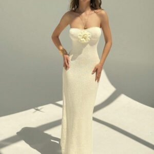 Aloruh Robe de plage moulante sans bretelles à fleurs abricot pour femmes, printemps/été