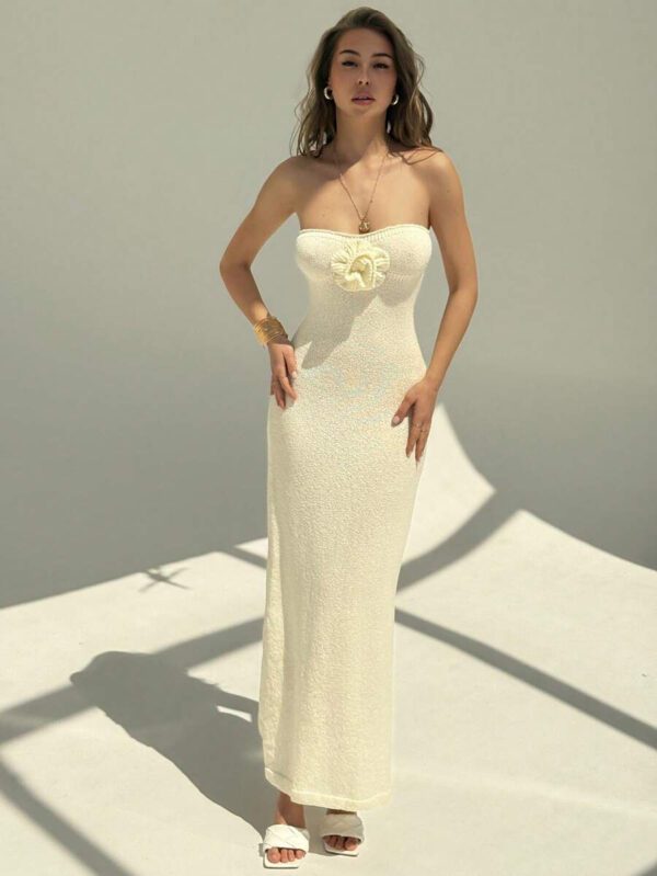 Aloruh Robe de plage moulante sans bretelles à fleurs abricot pour femmes, printemps/été – Image 6