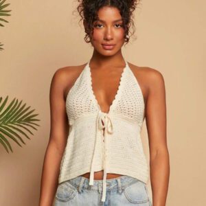 Travachic Top court sans manches dos nu à torsion de couleur unie