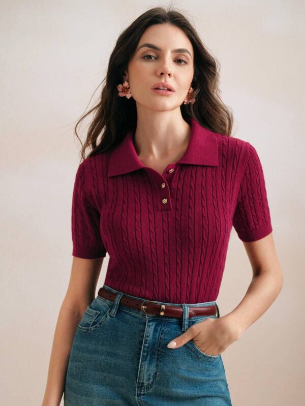 Anewsta Top de T-shirt/blouse tricoté, col polo vintage, manches courtes, torsadé, couleur unie. Élégant et moderne, convient pour le Nouvel An chinois, la Saint-Valentin – Image 2