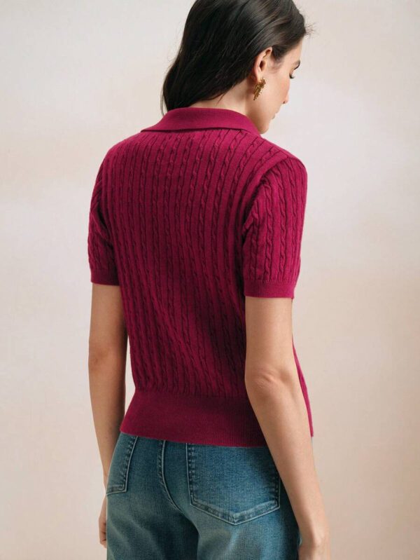 Anewsta Top de T-shirt/blouse tricoté, col polo vintage, manches courtes, torsadé, couleur unie. Élégant et moderne, convient pour le Nouvel An chinois, la Saint-Valentin – Image 3