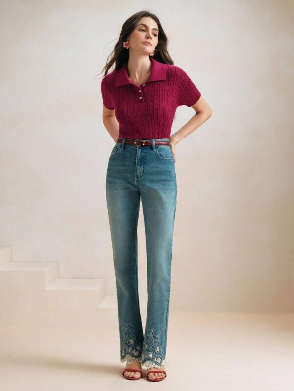Anewsta Top de T-shirt/blouse tricoté, col polo vintage, manches courtes, torsadé, couleur unie. Élégant et moderne, convient pour le Nouvel An chinois, la Saint-Valentin – Image 7