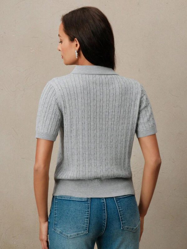 Anewsta Top de T-shirt/blouse tricoté, col polo vintage, manches courtes, torsadé, couleur unie. Élégant et moderne, convient pour le Nouvel An chinois, la Saint-Valentin – Image 9