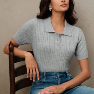 Anewsta Top de T-shirt/blouse tricoté, col polo vintage, manches courtes, torsadé, couleur unie. Élégant et moderne, convient pour le Nouvel An chinois, la Saint-Valentin