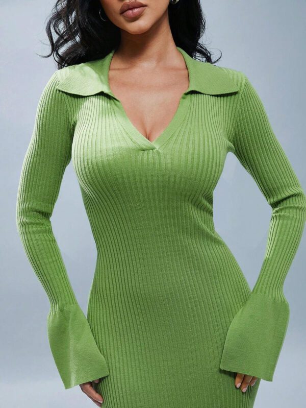 Denimoi Robe pull décontractée à manches longues avec col côtelé, col en V, confortable robe de Noël, robe d'hiver pour temps froid, longueur midi pour tous les jours, pour femmes rondes – Image 4