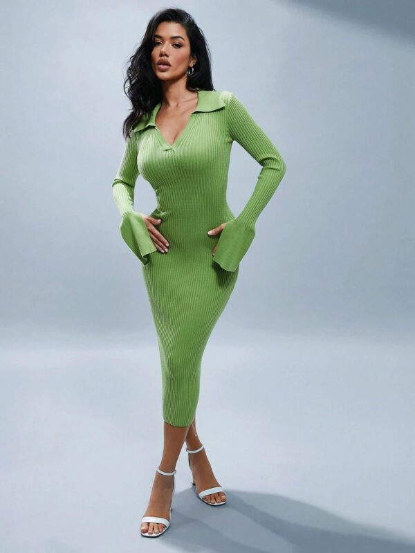 Denimoi Robe pull décontractée à manches longues avec col côtelé, col en V, confortable robe de Noël, robe d'hiver pour temps froid, longueur midi pour tous les jours, pour femmes rondes – Image 6