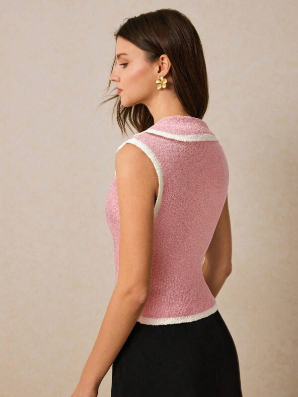 Poéselle Top sans manches en tricot pour femmes avec bordure contrastée et boutons devant – Image 18
