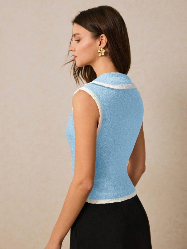 Poéselle Top sans manches en tricot pour femmes avec bordure contrastée et boutons devant – Image 24