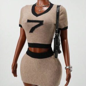 BamGleam Ensemble de pull pour femmes avec motif chiffre 7, Top court à manches courtes col V, style sport chic décontracté