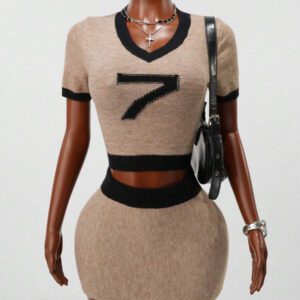 BamGleam Ensemble de pull pour femmes avec motif chiffre 7, Top court à manches courtes col V, style sport chic décontracté