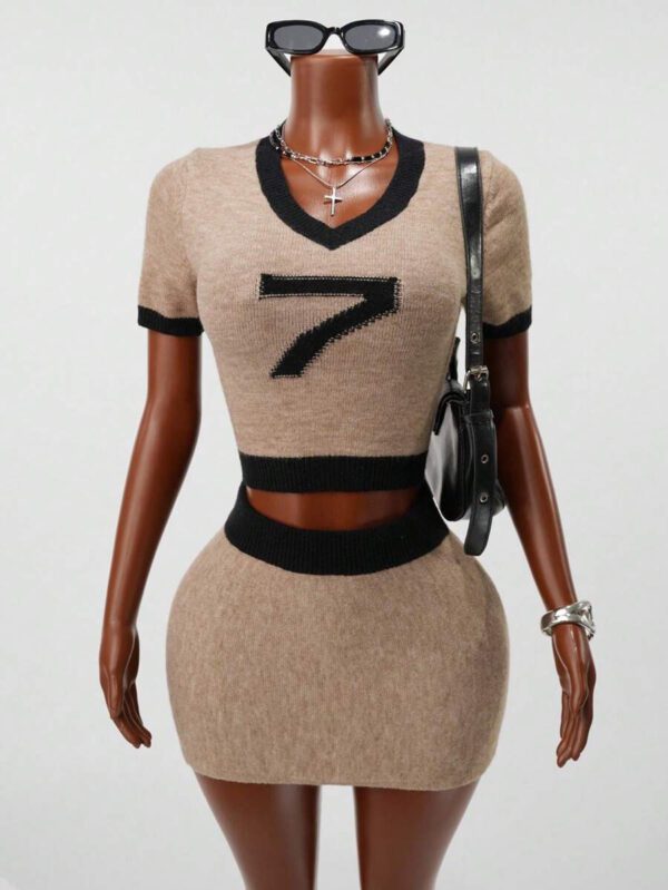 BamGleam Ensemble de pull pour femmes avec motif chiffre 7, Top court à manches courtes col V, style sport chic décontracté – Image 6