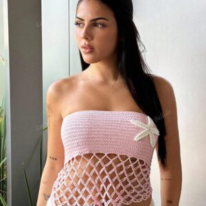 Lucia Bellido Top court ajusté ajouré tricoté crochet en forme d'étoile de mer pour femmes, convenant pour les festivals de musique