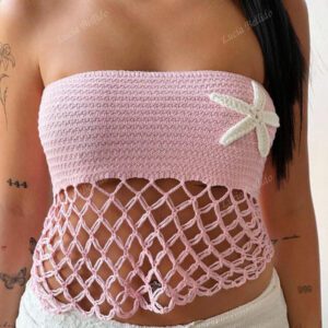 Lucia Bellido Top court ajusté ajouré tricoté crochet en forme d'étoile de mer pour femmes, convenant pour les festivals de musique