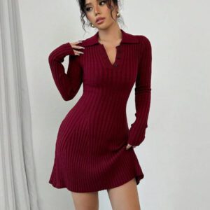 Elenzga Robe pull côtelée à manches longues et col évasé dans un style rétro pour femme. Élégante et polyvalente pour l'automne/l'hiver