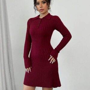 Elenzga Robe pull côtelée à manches longues et col évasé dans un style rétro pour femme. Élégante et polyvalente pour l'automne/l'hiver
