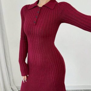 Elenzga Robe pull côtelée à manches longues et col évasé dans un style rétro pour femme. Élégante et polyvalente pour l'automne/l'hiver