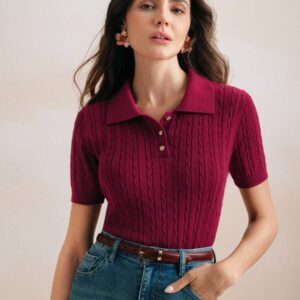 Anewsta Top de T-shirt/blouse tricoté, col polo vintage, manches courtes, torsadé, couleur unie. Élégant et moderne, convient pour le Nouvel An chinois, la Saint-Valentin