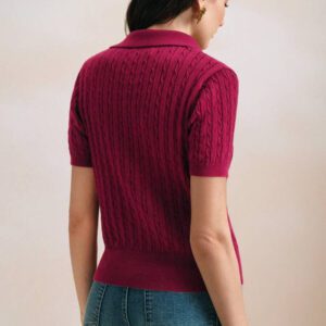 Anewsta Top de T-shirt/blouse tricoté, col polo vintage, manches courtes, torsadé, couleur unie. Élégant et moderne, convient pour le Nouvel An chinois, la Saint-Valentin