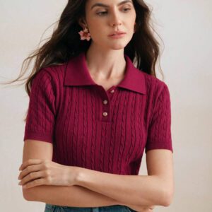 Anewsta Top de T-shirt/blouse tricoté, col polo vintage, manches courtes, torsadé, couleur unie. Élégant et moderne, convient pour le Nouvel An chinois, la Saint-Valentin