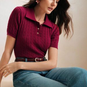 Anewsta Top de T-shirt/blouse tricoté, col polo vintage, manches courtes, torsadé, couleur unie. Élégant et moderne, convient pour le Nouvel An chinois, la Saint-Valentin