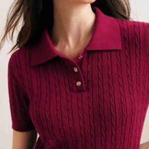 Anewsta Top de T-shirt/blouse tricoté, col polo vintage, manches courtes, torsadé, couleur unie. Élégant et moderne, convient pour le Nouvel An chinois, la Saint-Valentin