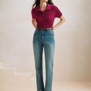 Anewsta Top de T-shirt/blouse tricoté, col polo vintage, manches courtes, torsadé, couleur unie. Élégant et moderne, convient pour le Nouvel An chinois, la Saint-Valentin