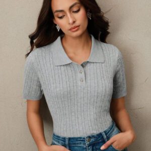 Anewsta Top de T-shirt/blouse tricoté, col polo vintage, manches courtes, torsadé, couleur unie. Élégant et moderne, convient pour le Nouvel An chinois, la Saint-Valentin