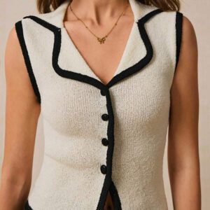 Poéselle Top sans manches en tricot pour femmes avec bordure contrastée et boutons devant