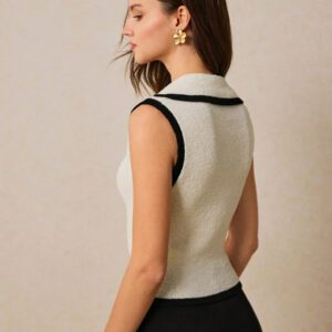Poéselle Top sans manches en tricot pour femmes avec bordure contrastée et boutons devant