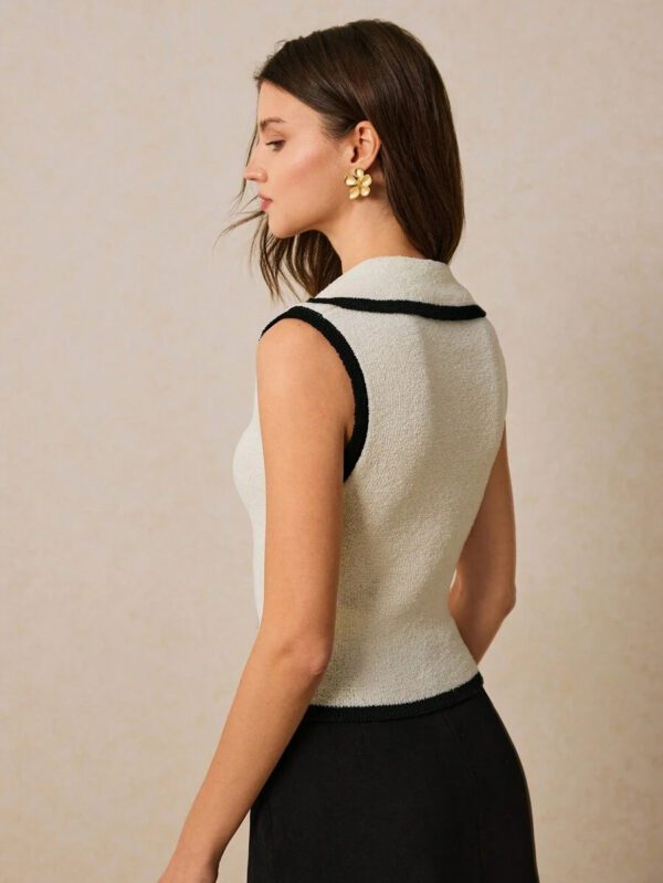 Poéselle Top sans manches en tricot pour femmes avec bordure contrastée et boutons devant – Image 8