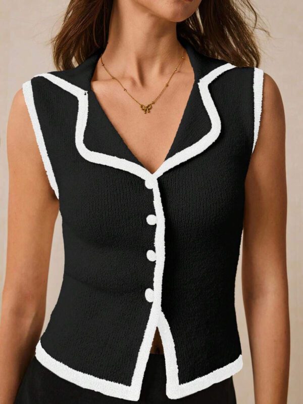 Poéselle Top sans manches en tricot pour femmes avec bordure contrastée et boutons devant – Image 9