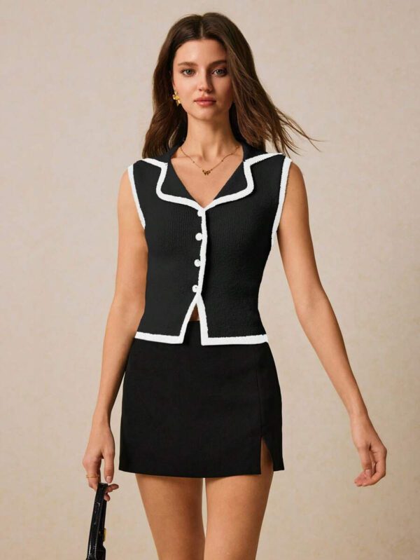 Poéselle Top sans manches en tricot pour femmes avec bordure contrastée et boutons devant – Image 12