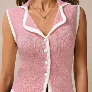 Poéselle Top sans manches en tricot pour femmes avec bordure contrastée et boutons devant