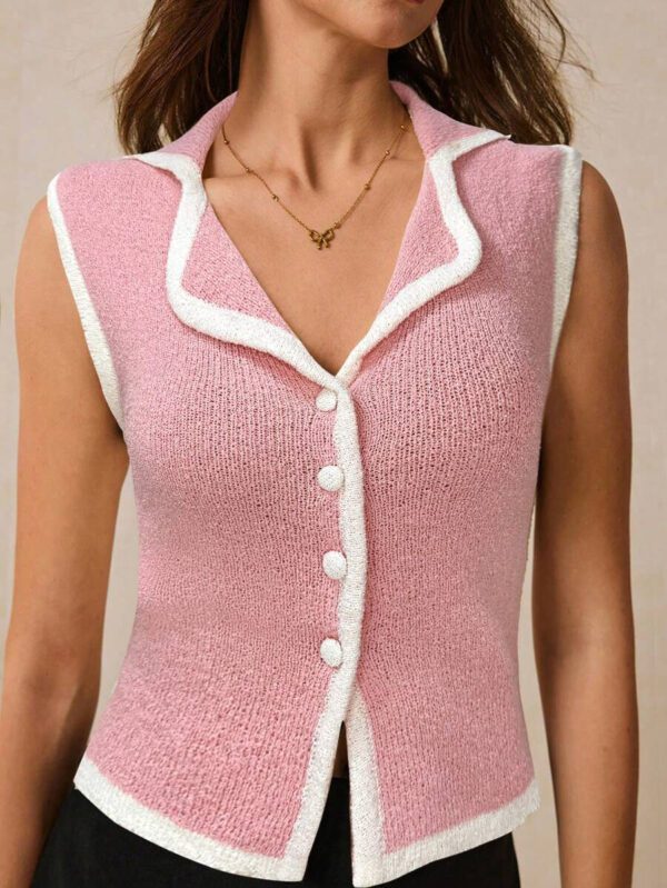 Poéselle Top sans manches en tricot pour femmes avec bordure contrastée et boutons devant – Image 16